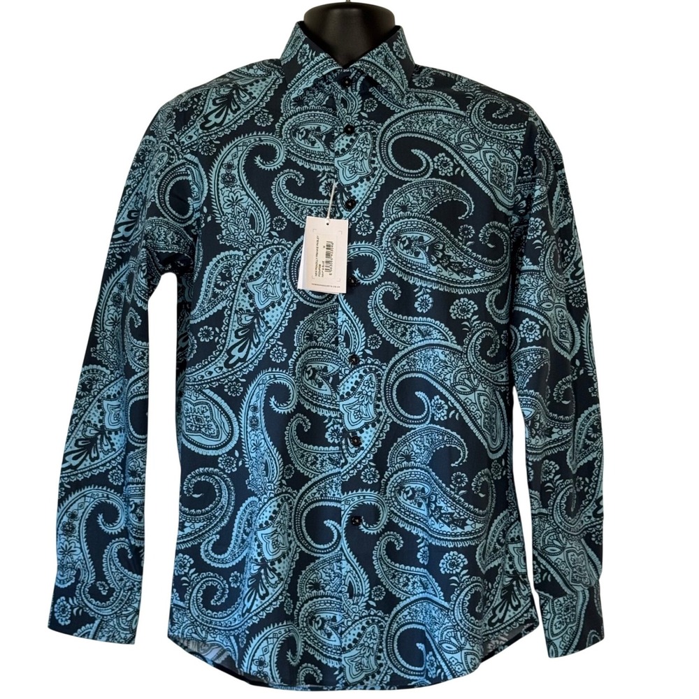 Hawes & Curtis London Frankie Paisley Shirt Navy Blue Piccadilly Stretch Men's M